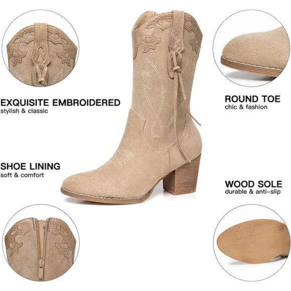 NEW Women's Western Suede Cowboy Boots - High Heel Mid Calf Zipper Booties - Picture 4 of 7